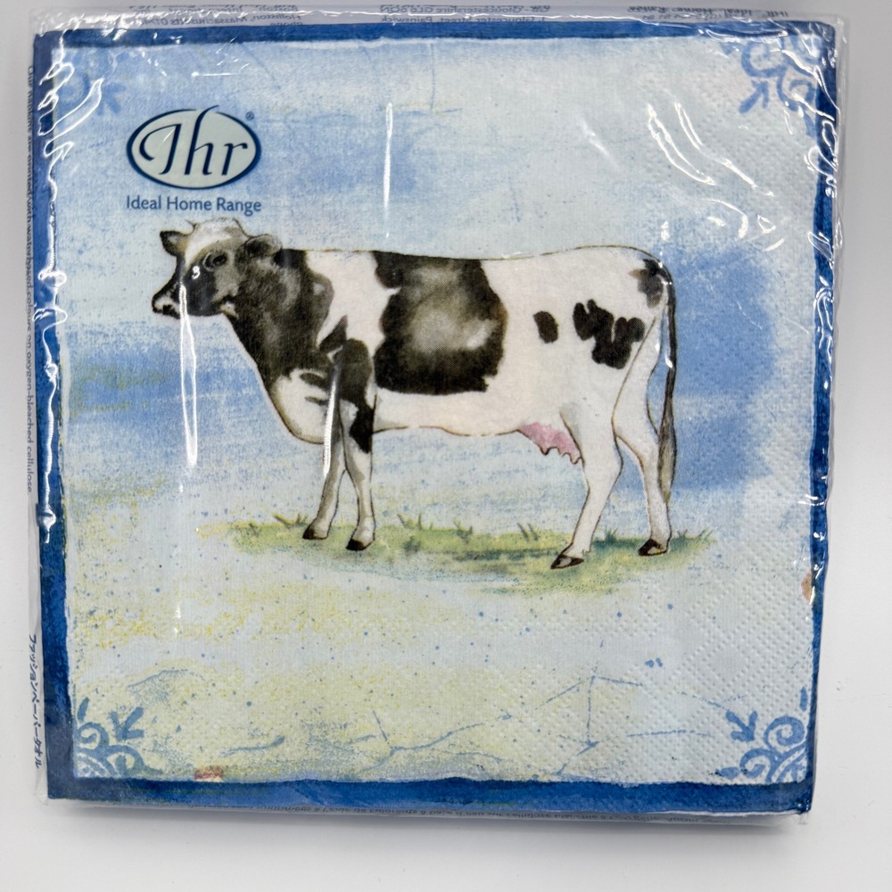 New IHR Ideal Home Range Blue Farmhouse Tiles Lunch‎ Napkins Cow Bunny 3 ply